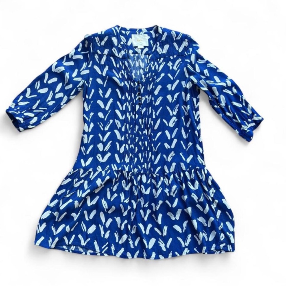 Coastal Boho Glam Maeve Caravane Blue & White Brushstroke Drop Waist Tunic Dress